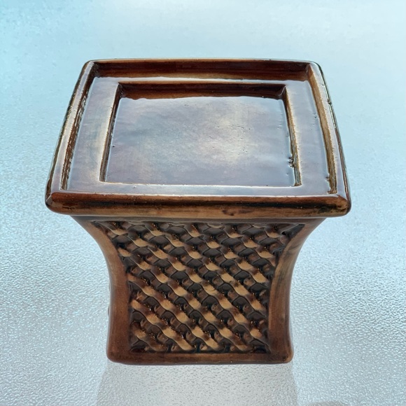 Brown Porcelain Ceramic Basket Pattern Square Pillar Candleholder ~ 4-1/2” - Picture 4 of 11